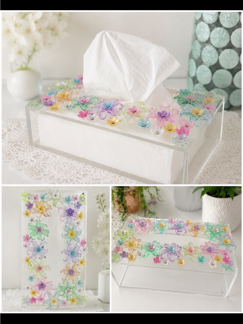 Decorative Floral Acrylic Tissue Box Cover — Pastel Multicolor hand made